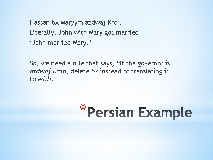 Hassan bx Maryym azdwaj Krd. Literally, John with Mary got married ‘John married Mary.