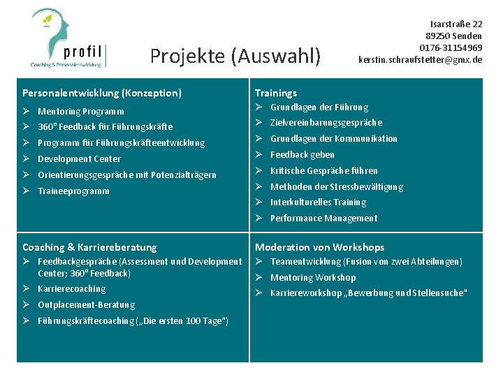 Projekte (Auswahl) Isarstraße 22 89250 Senden 0176 -31154969 kerstin. schraufstetter@gmx. de Personalentwicklung (Konzeption) Trainings