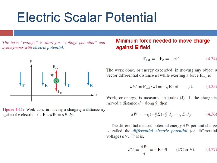 Electric Scalar Potential Minimum force needed to move charge against E field: 