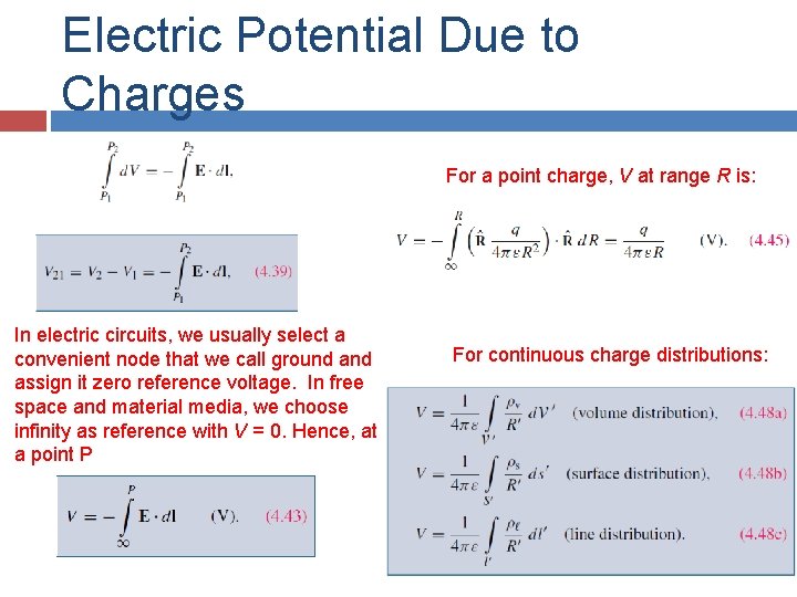 Electric Potential Due to Charges For a point charge, V at range R is: