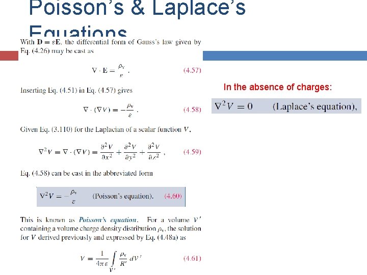 Poisson’s & Laplace’s Equations In the absence of charges: 