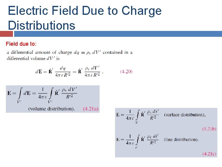 Electric Field Due to Charge Distributions Field due to: 