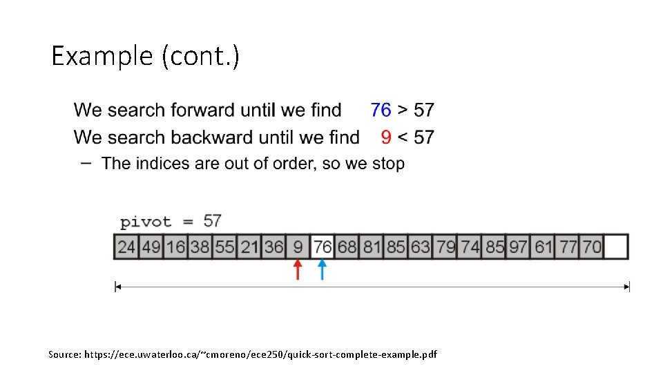 Example (cont. ) Source: https: //ece. uwaterloo. ca/~cmoreno/ece 250/quick-sort-complete-example. pdf Example (cont. ) Source: https: //ece. uwaterloo. ca/~cmoreno/ece 250/quick-sort-complete-example. pdf
