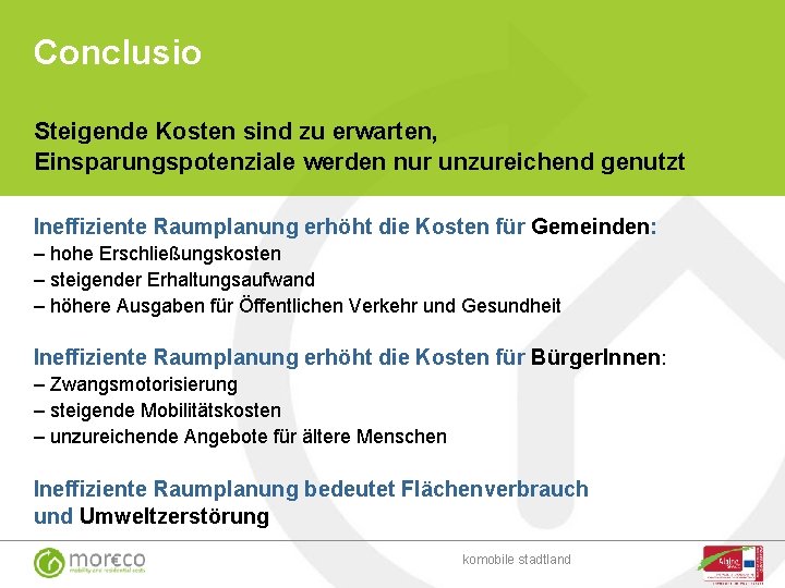 Conclusio Steigende Kosten sind zu erwarten, Einsparungspotenziale werden nur unzureichend genutzt Ineffiziente Raumplanung erhöht