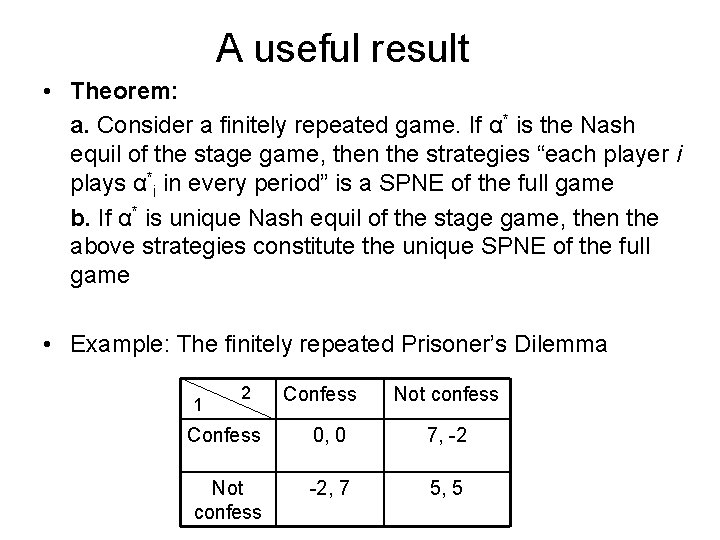 A useful result • Theorem: a. Consider a finitely repeated game. If α* is