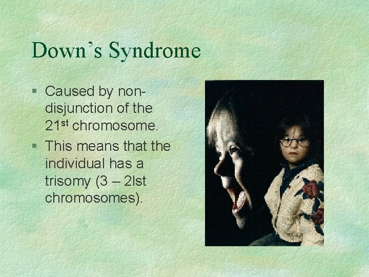 Down’s Syndrome § Caused by nondisjunction of the 21 st chromosome. § This means