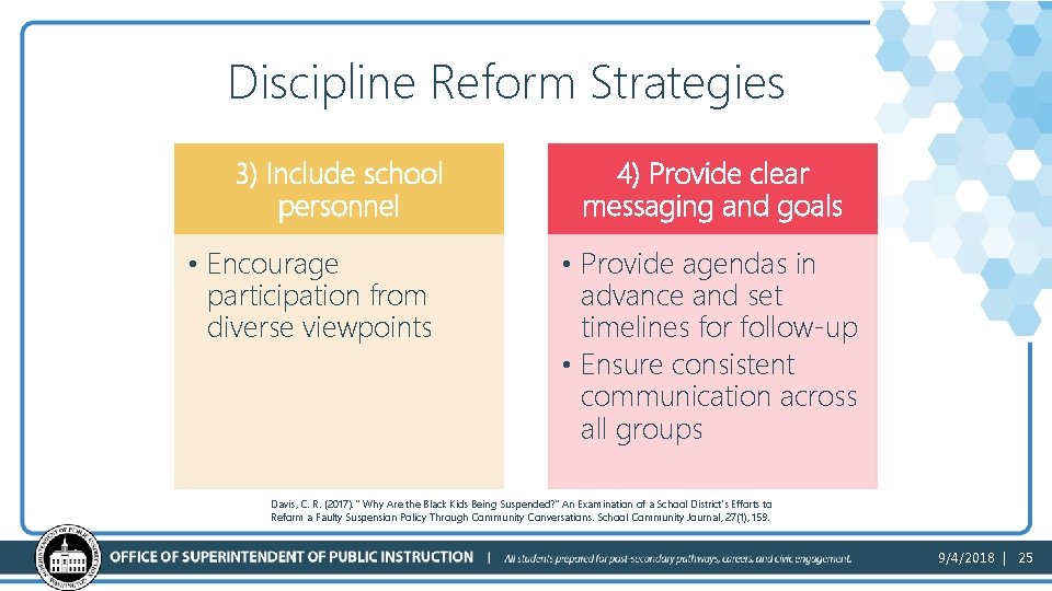 Discipline Reform Strategies 2 3) Include school personnel • Encourage participation from diverse viewpoints