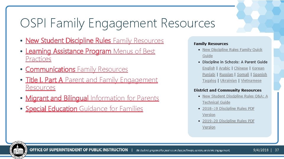 OSPI Family Engagement Resources • New Student Discipline Rules Family Resources • Learning Assistance