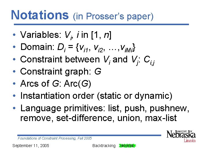 Notations (in Prosser’s paper) • • Variables: Vi, i in [1, n] Domain: Di