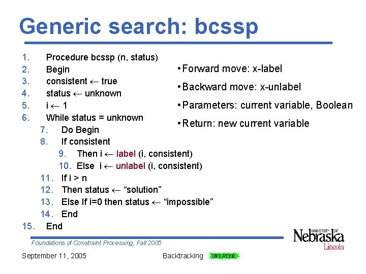 Generic search: bcssp 1. 2. 3. 4. 5. 6. Procedure bcssp (n, status) •