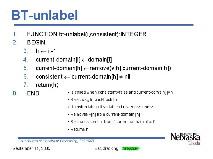 BT-unlabel 1. 2. FUNCTION bt-unlabel(i, consistent): INTEGER BEGIN 3. h i -1 4. current-domain[i]