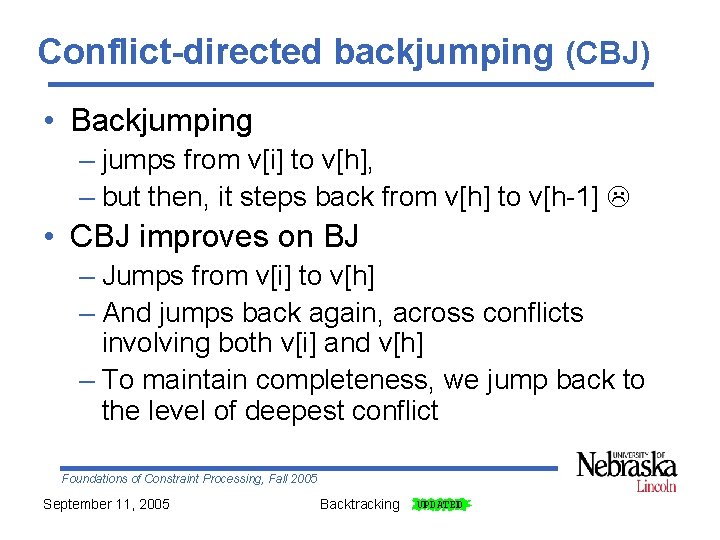 Conflict-directed backjumping (CBJ) • Backjumping – jumps from v[i] to v[h], – but then,