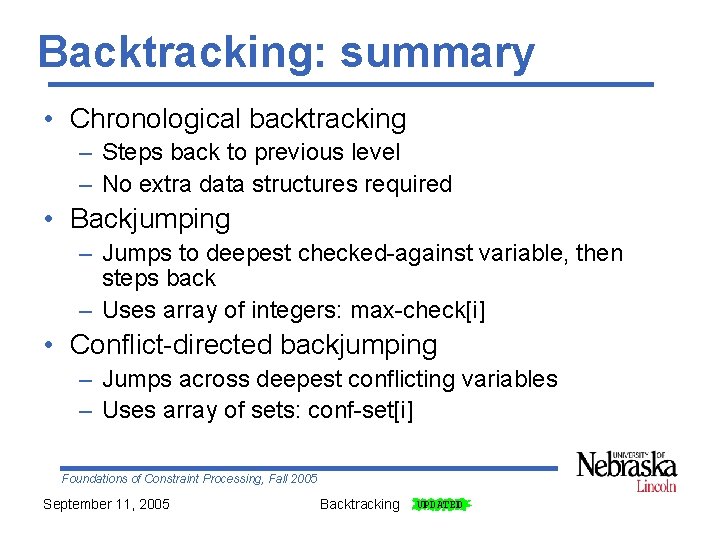 Backtracking: summary • Chronological backtracking – Steps back to previous level – No extra