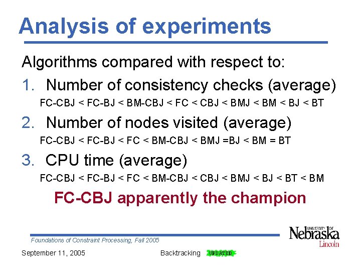 Analysis of experiments Algorithms compared with respect to: 1. Number of consistency checks (average)