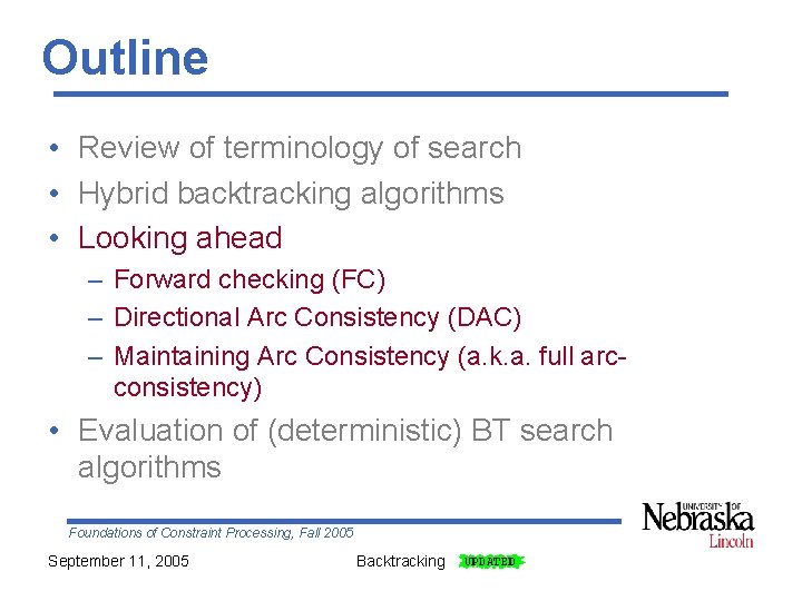 Outline • Review of terminology of search • Hybrid backtracking algorithms • Looking ahead