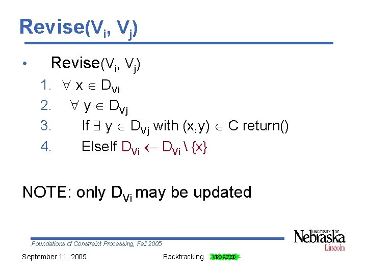 Revise(Vi, Vj) • Revise(Vi, Vj) 1. x DVi 2. y DVj 3. If y