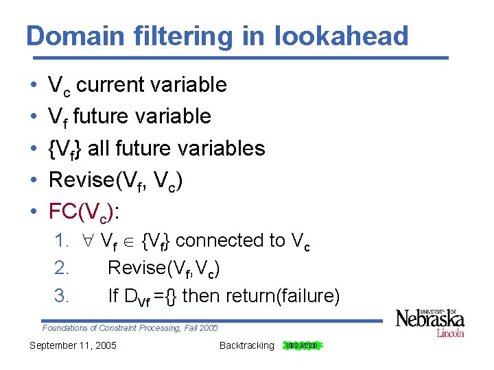 Domain filtering in lookahead • • • Vc current variable Vf future variable {Vf}