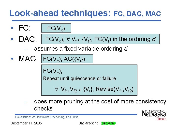 Look-ahead techniques: • FC: • DAC: – FC, DAC, MAC FC(Vc); Vf {Vf}, FC(Vf)