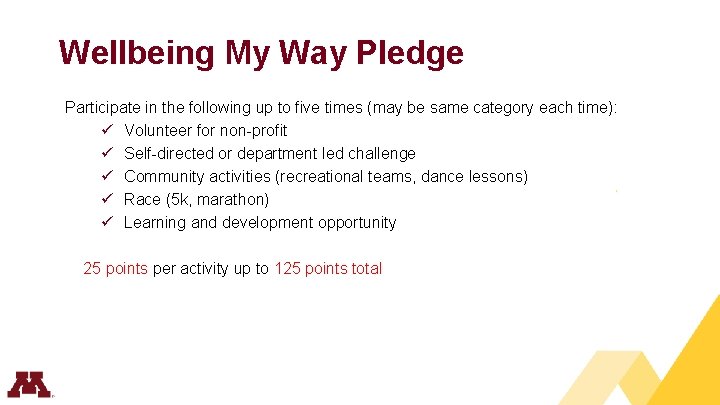 Wellbeing My Way Pledge Participate in the following up to five times (may be