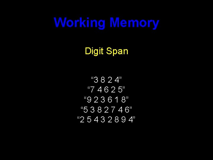 Working Memory Digit Span “ 3 8 2 4” “ 7 4 6 2