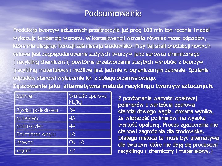 Podsumowanie Produkcja tworzyw sztucznych przekroczyła już próg 100 mln ton rocznie i nadal wykazuję