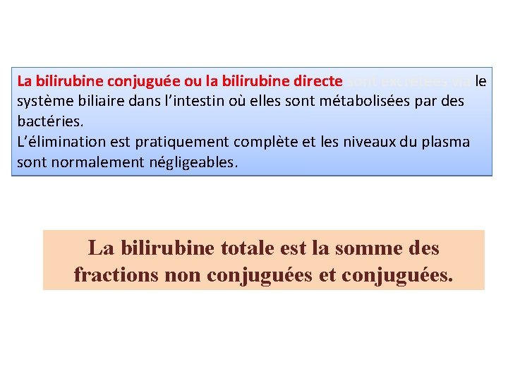La bilirubine conjuguée ou la bilirubine directe sont excrétées via le système biliaire dans
