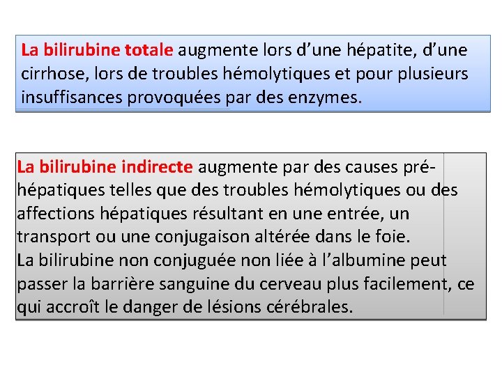 La bilirubine totale augmente lors d’une hépatite, d’une cirrhose, lors de troubles hémolytiques et