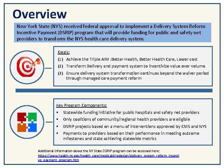 Overview New York State (NYS) received federal approval to implement a Delivery System Reform