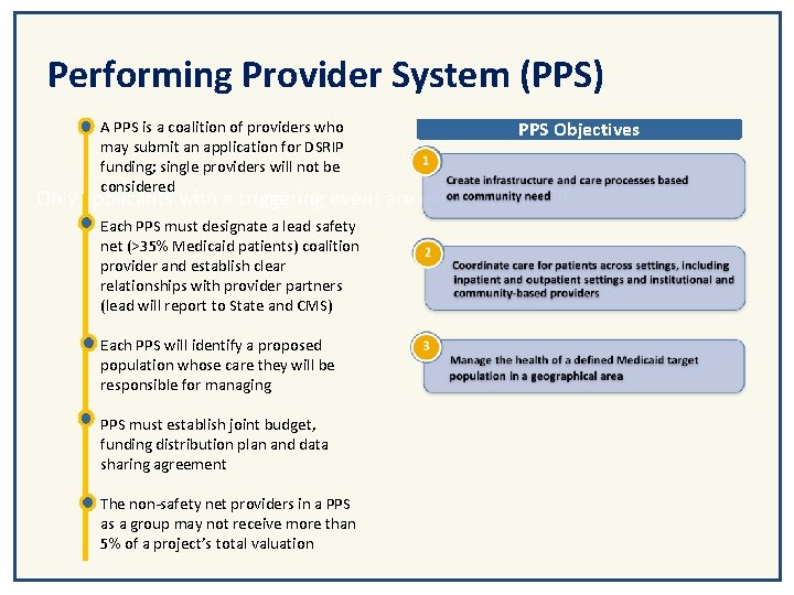 Performing Provider System (PPS) A PPS is a coalition of providers who may submit