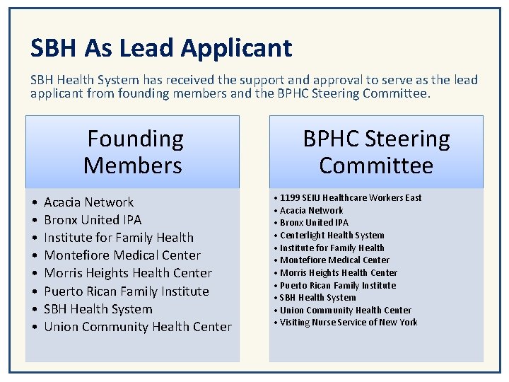 SBH As Lead Applicant SBH Health System has received the support and approval to