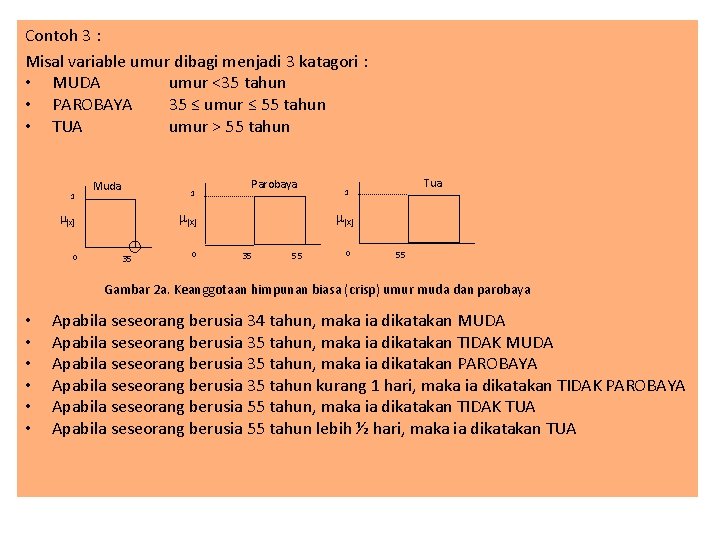 Contoh 3 : Misal variable umur dibagi menjadi 3 katagori : • MUDA umur