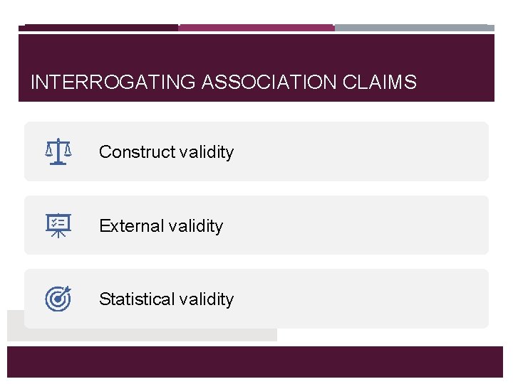 INTERROGATING ASSOCIATION CLAIMS Construct validity External validity Statistical validity 