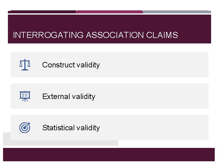 INTERROGATING ASSOCIATION CLAIMS Construct validity External validity Statistical validity INTERROGATING ASSOCIATION CLAIMS Construct validity External validity Statistical validity