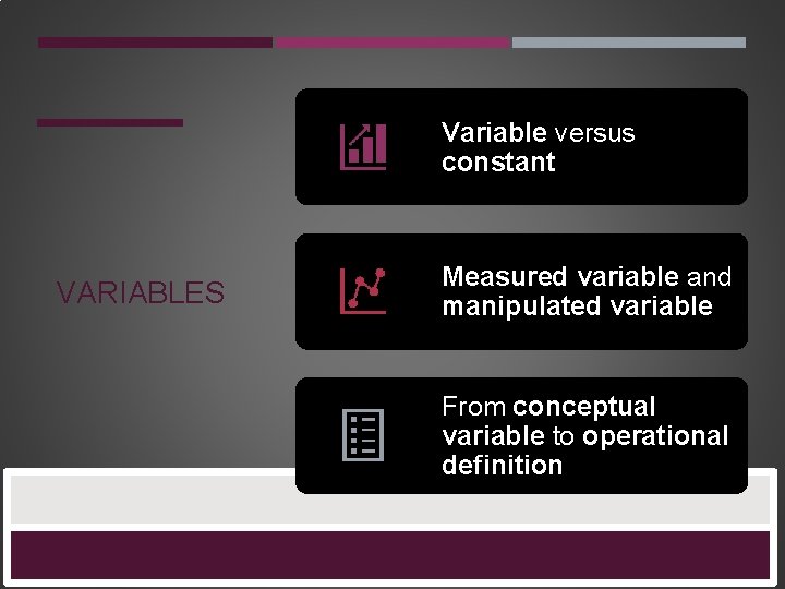 Variable versus constant VARIABLES Measured variable and manipulated variable From conceptual variable to operational