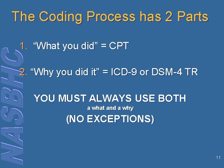 The Coding Process has 2 Parts 1. “What you did” = CPT 2. “Why