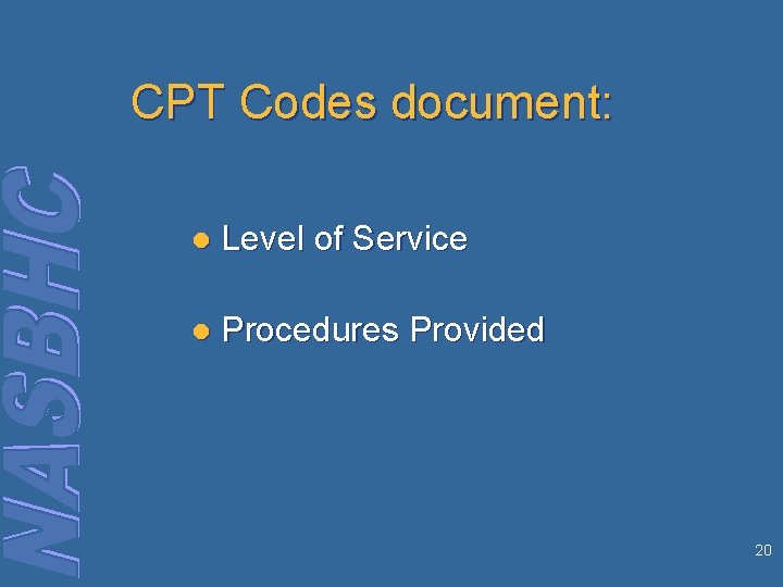 CPT Codes document: l Level of Service l Procedures Provided 20 