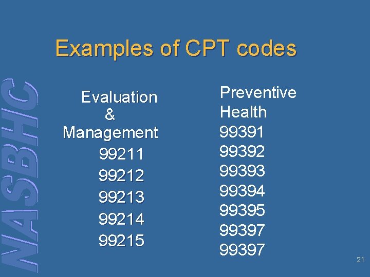 Examples of CPT codes Evaluation & Management 99211 99212 99213 99214 99215 Preventive Health