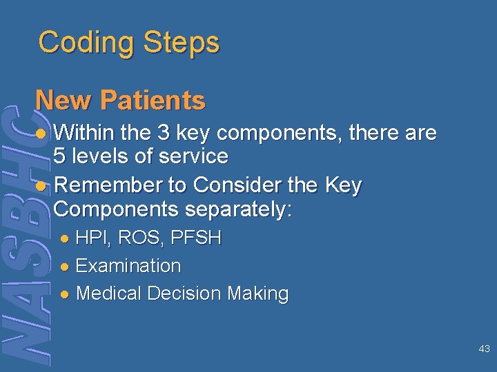 Coding Steps New Patients Within the 3 key components, there are 5 levels of
