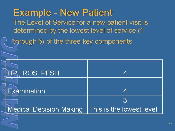 Example - New Patient The Level of Service for a new patient visit is