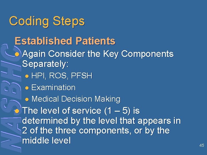 Coding Steps Established Patients l Again Consider the Key Components Separately: ● HPI, ROS,