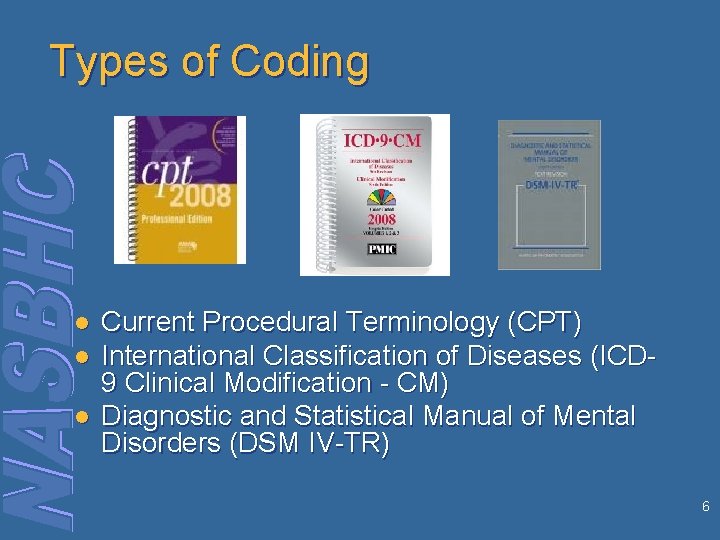 Types of Coding l l l Current Procedural Terminology (CPT) International Classification of Diseases