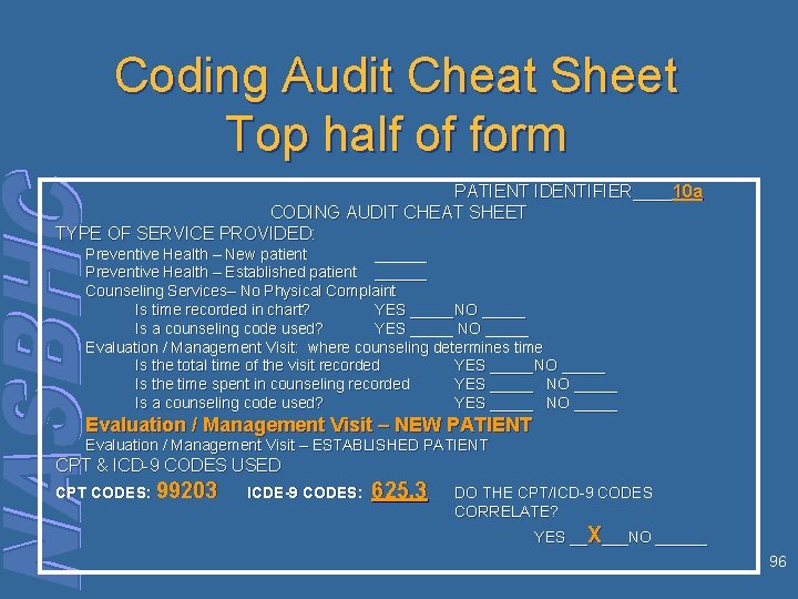 Coding Audit Cheat Sheet Top half of form PATIENT IDENTIFIER____10 a CODING AUDIT CHEAT