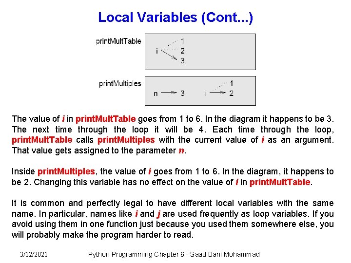 Local Variables (Cont. . . ) The value of i in print. Mult. Table Local Variables (Cont. . . ) The value of i in print. Mult. Table
