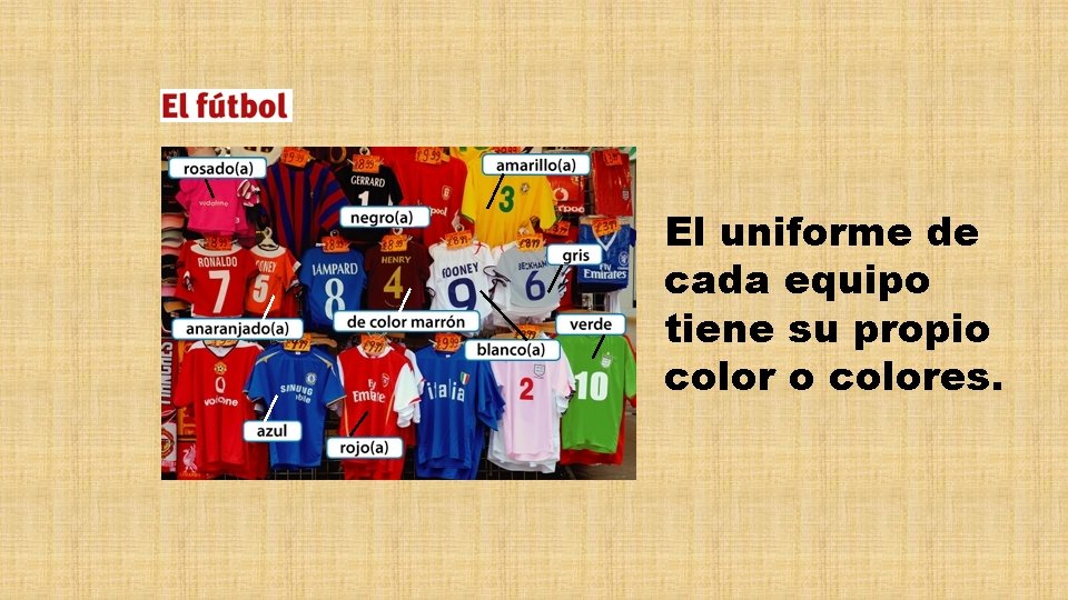 El uniforme de cada equipo tiene su propio colores. 