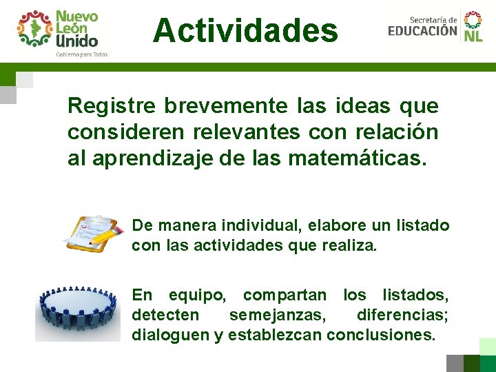 Actividades Registre brevemente las ideas que consideren relevantes con relación al aprendizaje de las