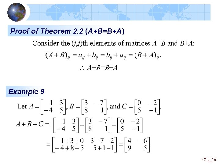 Proof of Theorem 2. 2 (A+B=B+A) Consider the (i, j)th elements of matrices A+B