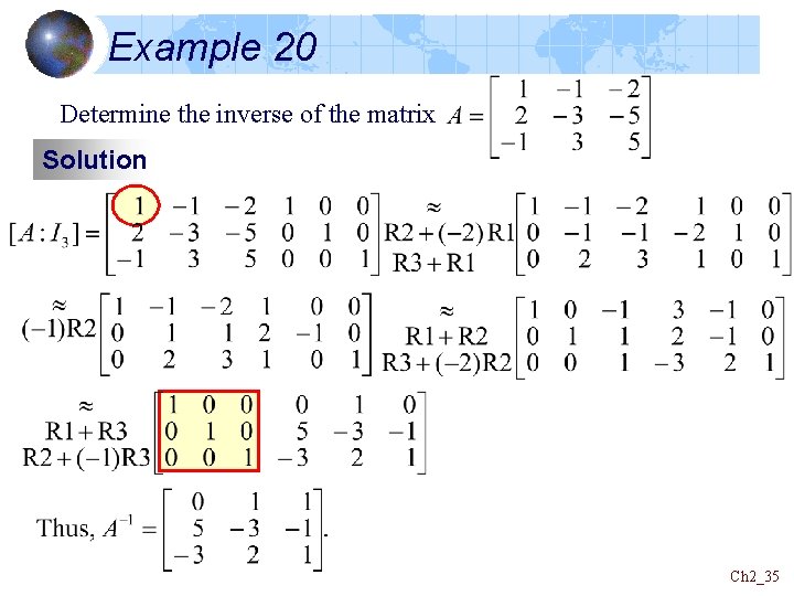 Example 20 Determine the inverse of the matrix Solution Ch 2_35 