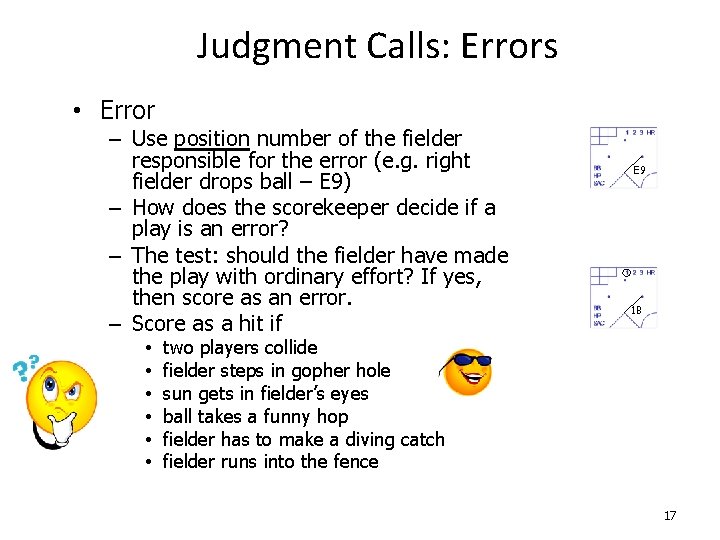 Judgment Calls: Errors • Error – Use position number of the fielder responsible for