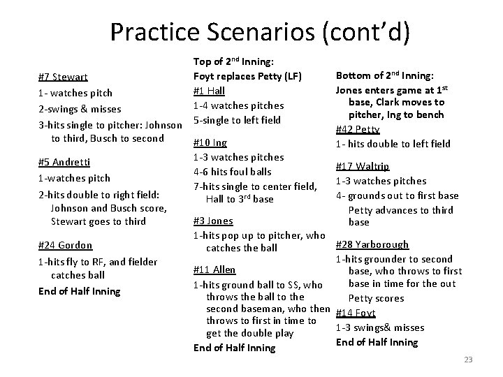 Practice Scenarios (cont’d) Top of 2 nd Inning: Foyt replaces Petty (LF) #7 Stewart