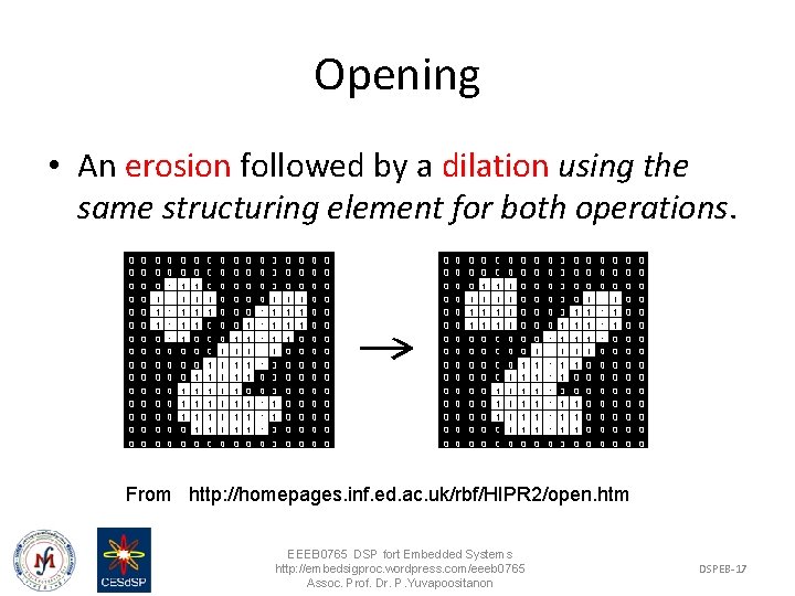 Opening • An erosion followed by a dilation using the same structuring element for
